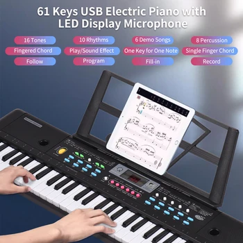61Key USB Електронен орган Детски Електрически пиан област Микрофон, Черен Цифров Музикален Електронен Ключ Инструмент Стереодинамик