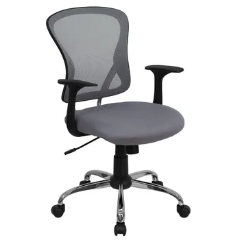 Луксозно Офис стол със средна облегалка, сиво Сетчатое Управляемият Работно стол с хромирано основа и подлакътници