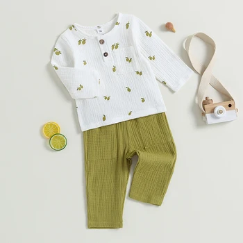 Комплект летни есенни дрехи за малки момчета 0-24 м, Блузи с дълги ръкави и принтом лимон за деца + Панталони с джобове, съоръжения