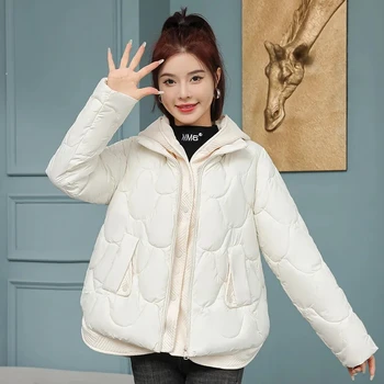 Лека къса naka памучен яке с качулка, дамско яке в стил мозайка, изкуствена зимна мода топло парк от две части