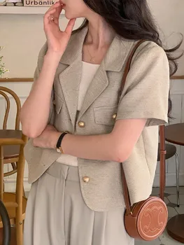Корейската Мода Дамско яке с къс ръкав 2023, Луксозно Однобортное Ежедневното дамско палто с отложным яка, Елегантни Връхни дрехи