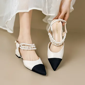 Летни дамски сандали с френско деколте с фин, универсални остроносые обувки с дебел ток за жени в приказни обувки, които в голям размер