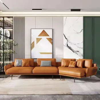 Италиански луксозен диван, Творчески кожен диван от микрофибър, Модерни минималистични Диван за малък апартамент, L-образен ъглов диван за хол