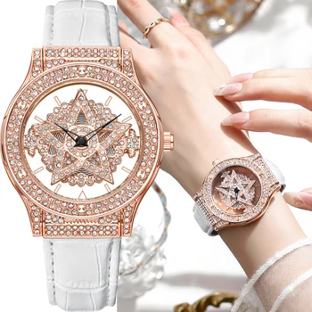 smvp, лимитированная серия женски часа с въртящ се механизъм и инкрустированным диаманти, кожена каишка, кварцов часовник