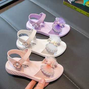 Сандали за момичета Летни детски обувки на Принцесата с бантиком-пеперуда от страз 2023, Кука и контур, Нови чехли с мека, противоплъзгаща подметка