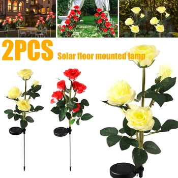 2 бр. Слънчевата светлина с рози, 600 ма, Водоустойчив Градинска лампа с рози на слънчева енергия, с 5 глави, автоматично включване/изключване, led лампа за градина
