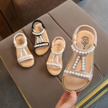 Летни сандали за малки момичета, детски слипоны с перли и кристали, фини обувки на Принцесата в римски стил за малки момичета