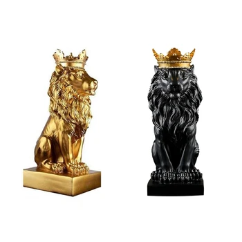 2 Бр. Короната на Статуята на Лъв Домашен Офис, Бар Мъжки Лъв Вяра Скулптура От Смола Занаяти Изкуството на Животни Декор Бижута, Злато и черно