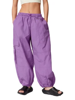 Дамски панталони-карго свободно намаляване с завязками на талията и прави штанинами - Ежедневни ластични панталони за градинска дрехи однотонного цвят