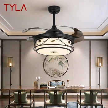 Модерен led вентилатор на тавана TYLA черен цвят с дистанционно управление, 3 цвята led за домашна трапезария, спалня, ресторанта