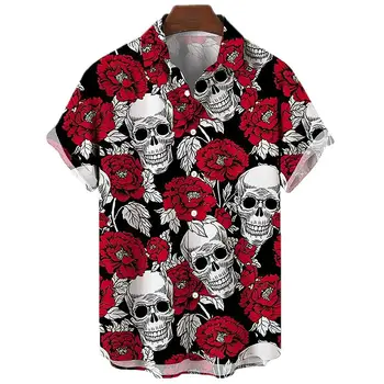 Модни Хавайски ризи с Черепа За мъже, 3D принт, Цвете Уютна Ежедневни Плажно облекло Оверсайз с къс ръкав, Внос дрехи Y2K