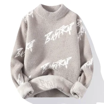 2023 Зимен мъжки пуловер, дебели пуловер пуловер с дълъг ръкав, пуловер с надпис, мъжки ежедневни пуловер отвътре 1164