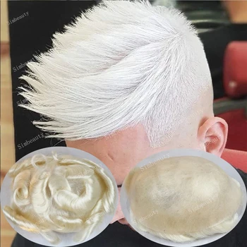 Platinum Блондинистый Мъжка Перука От Човешки коси, Пълен с Перука От Изкуствена фина Кожа, Система за Подмяна на Капилярни Протези, изкуствена коса За Мъже