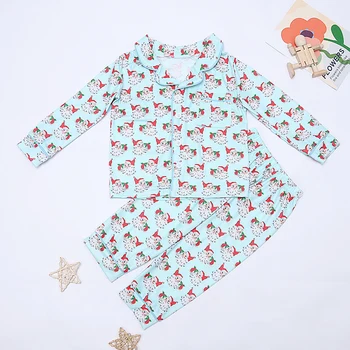 Коледна зимна пижама за малки момчета, детски дрехи с принтом на Дядо Коледа Комплект от две части, Сини панталони с дълъг ръкав, копчета, Трикотажни памучни