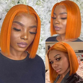 Перука с къса Боб, Имбирно-Оранжеви Перуки, изработени от човешка коса на дантели За жени, Бразилски Права перука от човешка коса Remy на дантели