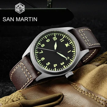 San Martin Pilot Titanium Реколта военни ентусиасти YN55 Автоматични механични мъжки часовници с кожена каишка Водоустойчив Светещи C3