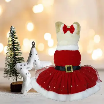 Рокля за домашни любимци Коледен Костюм за домашни любимци Блестящо Сетчатое Рокля на Дядо Коледа с лента за коса, която лесно се носи Чисти, за Ваканционни снимки