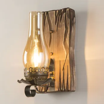Американски ретро дървен стенен лампа за ресторант, кафене, бар багажник; с монтиран на стената лампа в стил loft; Промишлен декоративен стенен лампа със стъкло