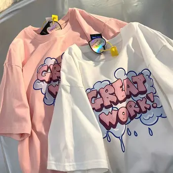 Американски стил 2023, Нова свободна и универсална корейската версия на тениски с къс ръкав, Дамски Instagram-тенденция облекло Kawaii