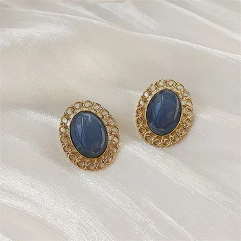 Луксозни дамски сини овални обеци-карамфил от смола златен цвят, реколта обеци за жените, приказно модерен големи сватбени обеци, модни бижута