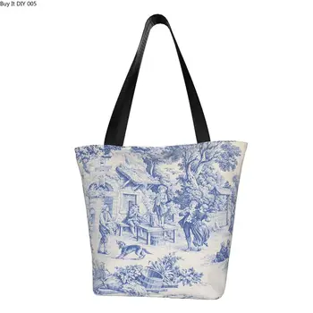 Toile De Jouy Тъмно син мотив за Хранителни стоки торби за пазаруване, холщовая чанта-тоут за пазаруване, по-Голямата голям класическа френска художествена чанта