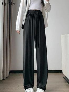 Панталони женски прост дизайн За всеки ден, обикновен, лек, Елегантен, летни, слънчеви, Права, с висока талия, Стилен, спортен корейски стил, Елегантен шик