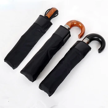 Трикуспидалната автоматичен чадър с дървена дръжка Луксозен Бизнес чист черен Напълно автоматичен сгъваем чадър за мъже