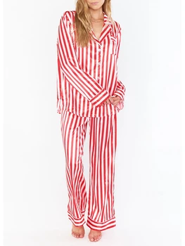 Жена Коледен Пижамный комплект, Раирана Риза с дълъг ръкав, Панталони с еластичен ластик На талията, Пижами за Коледните Празници, 2 броя, Облекло за почивка