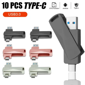 10 бр./лот, двоен флаш памет 3.0, флаш памет Memory Stick 128 GB, метален USB флаш памет от 64 GB, интерфейс Type-C OTG, фирмено лого
