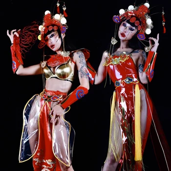 Жена с костюм в китайски стил, Червен танцови на Гого за нощен клуб, Секси танц костюм за изяви, Празнична облекло VDB7141